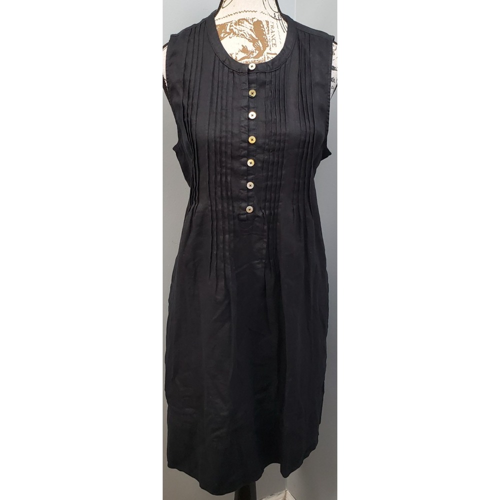 Quince Shift Dress Womens L Black Linen Pintuck Sleeveless Career Button Front
